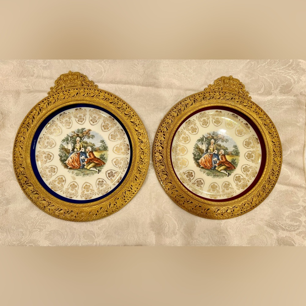 Vintage La Petite 22K Victoria Couple Plates With Gold Gilded Metal Frames